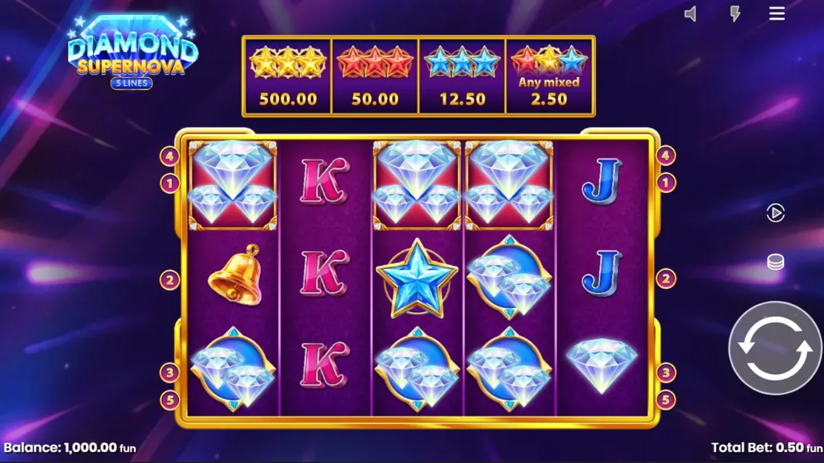 The cosmic-themed grid of Diamond Supernova 5 Lines featuring glowing diamonds and star symbols.